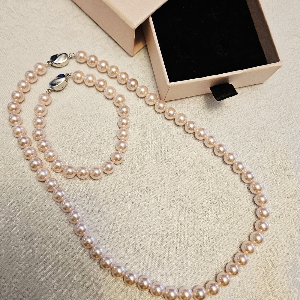 Necklace Bracelet SET Pink Pearls 925 Silver Clasp